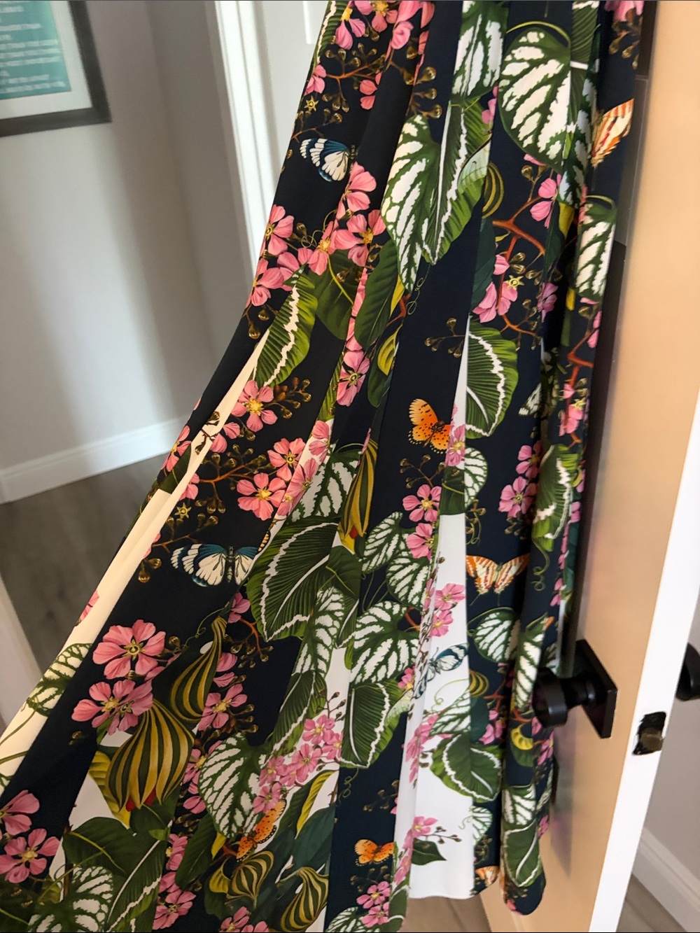Oscar de la Renta Navy Floral Midi Dress with Pink & Green Print - Picture 3 of 5
